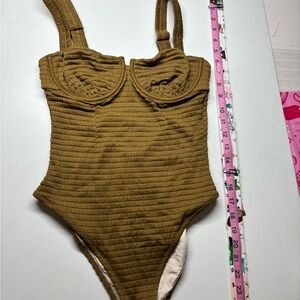 Olive Green Smocked One-Piece Swimsuit - Underwire Detail - Size M